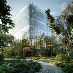 Fototapeta premium Modern glass office building nestled in a lush green landscape.