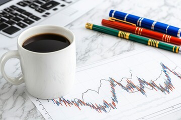 A coffee cup sits beside a laptop and colorful pens on a marble desk, with a financial chart displaying market trends.