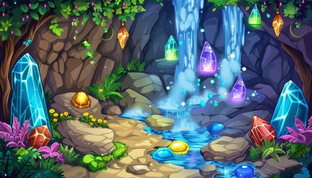 A magical cave with a waterfall and glowing gems, a path leads to the water's edge.