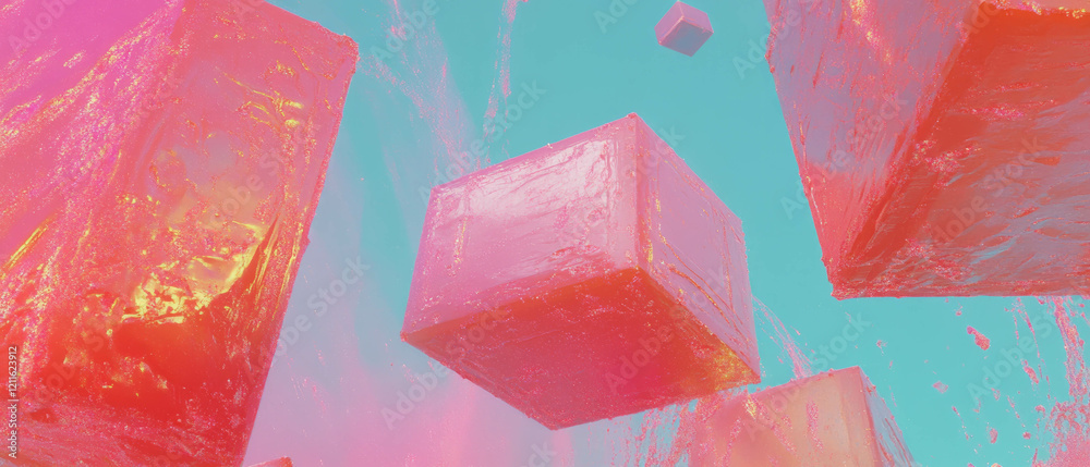 Poster vibrant abstract background featuring 3d cubes and colorful paint splatters