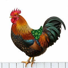Fototapeta premium colorful rooster sitting on white fence with green shamrock saddle isolated on white background