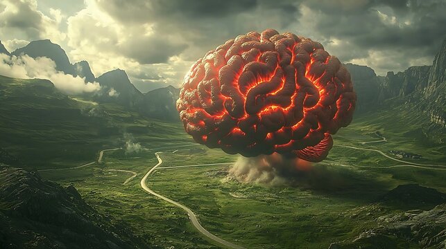Exploding brain landscape; mental health concept; mountainous background; for psychology
