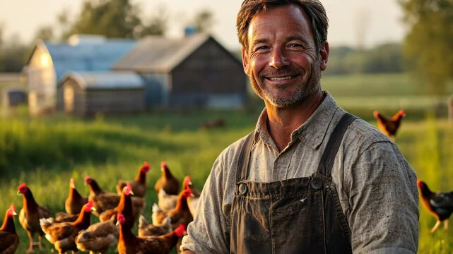Man is smiling and standing in front of a group of chickens. Concept of happiness and contentment, as the man is enjoying his time with the chickens. The scene suggests a peaceful