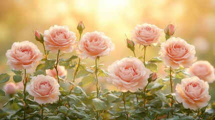 Obraz premium Peach Roses in Golden Sunlight: A Serene Garden Scene