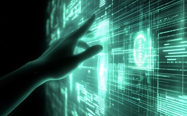 Hand interacting with a futuristic, glowing teal digital interface displaying data streams and symbols.