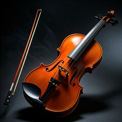 Fototapeta premium closeup of a violin and bow on a black background with smoke