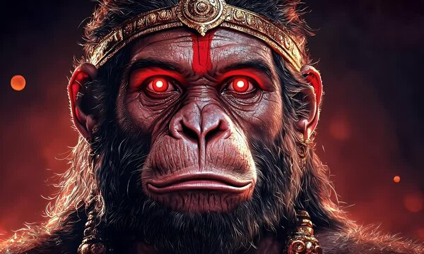 Powerful monkey god portrait, fiery background, Hindu deity. Use fantasy art, religious imagery