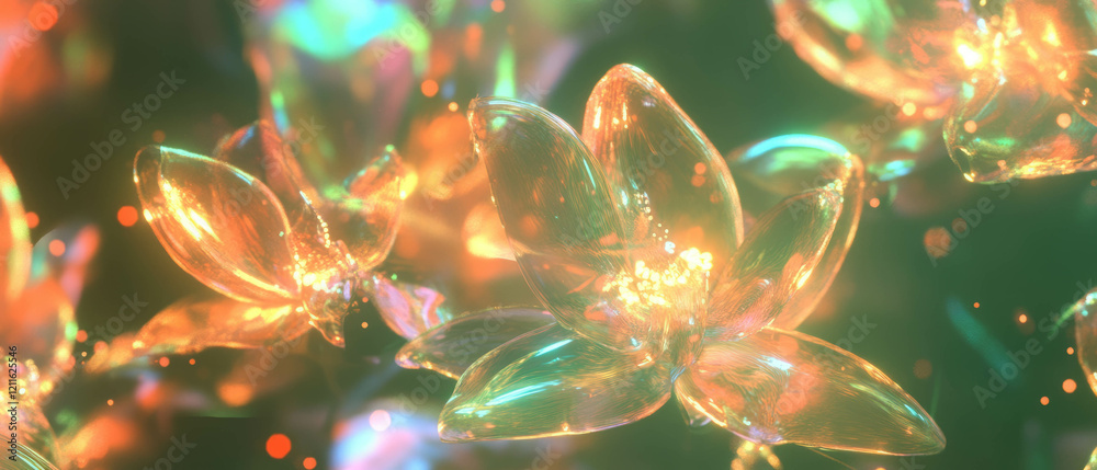 Poster Abstract 3D flowers with glowing trails creating dynamic movement and visual effects
