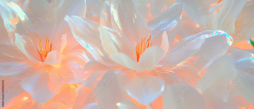 Poster dynamic trails of light among abstract 3d flowers with glowing effects