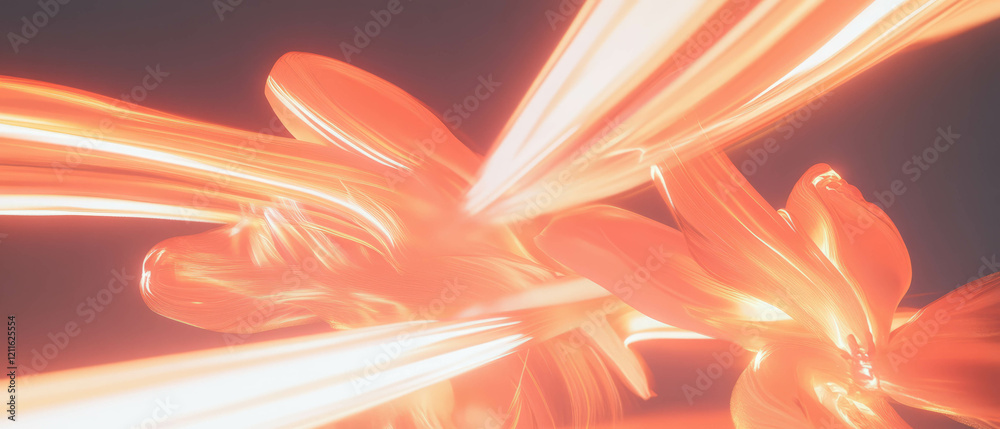 Poster Dynamic movement of glowing flowers with trails of light in an abstract background