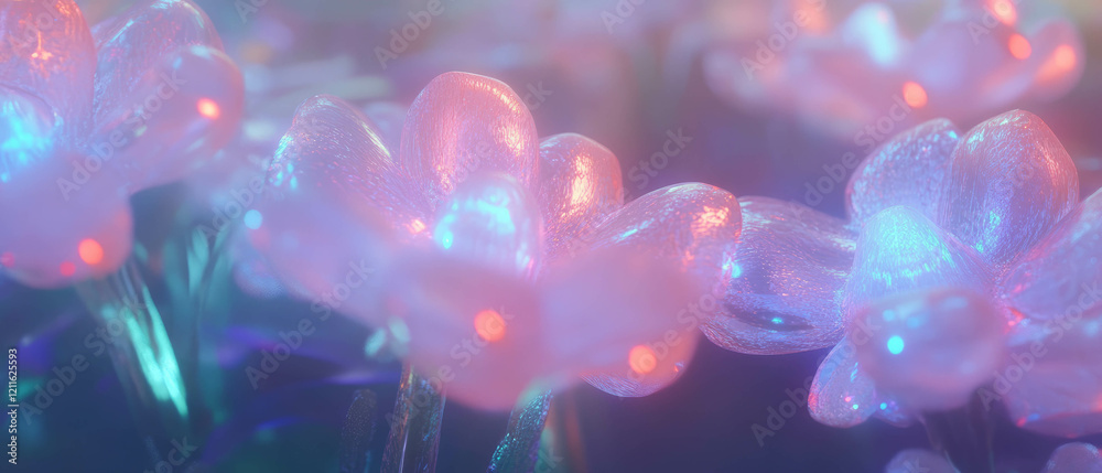 Poster Ethereal 3D flowers glowing and creating halos in a mystical environment