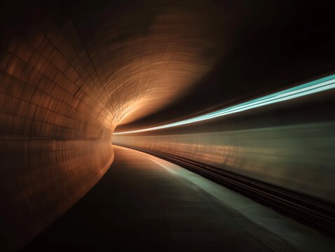 Curved subway tunnel with dramatic lighting creating a futuristic and artistic effect - Powered by Adobe
