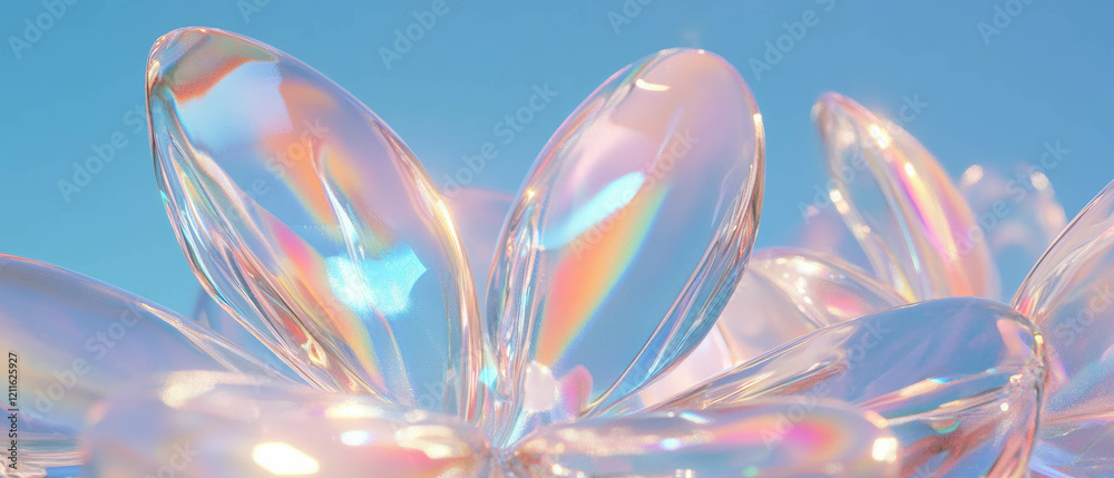 Poster sparkling glass flowers refracting light with delicate, transparent petals in an abstract setting