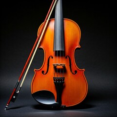 Fototapeta premium close up of a violin with bow resting on black background