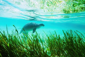 A dugong swimming gracefully in shallow turquoise waters off the coast of Queensland, surrounded by seagrass.