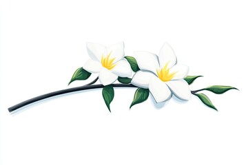 Naklejka premium Elegant illustration of two white flowers with yellow centers on a slender branch with green leaves