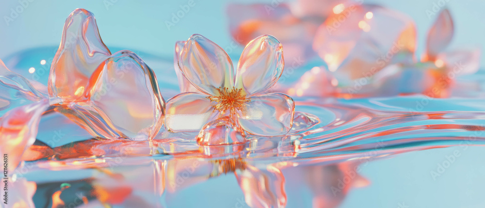 Poster futuristic abstract background with flowing mercury flowers and reflective surfaces