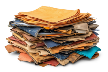 Stacked colorful leather scraps showcasing artisanal craftsmanship, vibrant hues, warm tones, varied textures, layered composition, isolated on transparent background, artistic and high-resolution