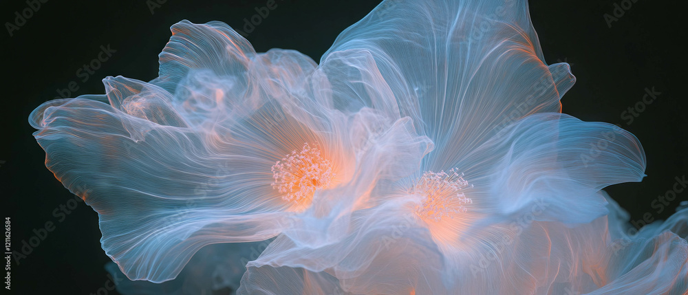 Poster ethereal floral abstraction with soft textures and wispy smoke trails in a mysterious atmosphere