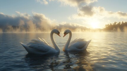 Fototapeta premium Two Swans Forming a Heart Shape at Sunrise on a Misty Lake.