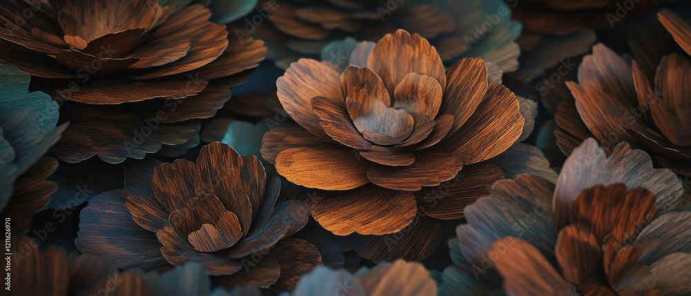 Poster abstract wooden flowers create a rustic charm with warm hues and intricate carvings