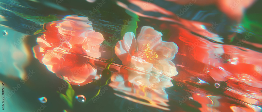 Poster surreal reflections of abstract flowers in a liquid environment with vibrant distortions
