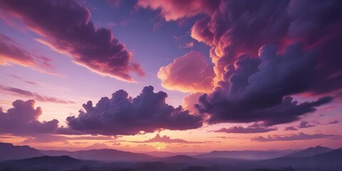 Cloudy sky with layered magenta blue orange hues, cloudy skies, atmospheric conditions, soft focus effect, serene ambiance