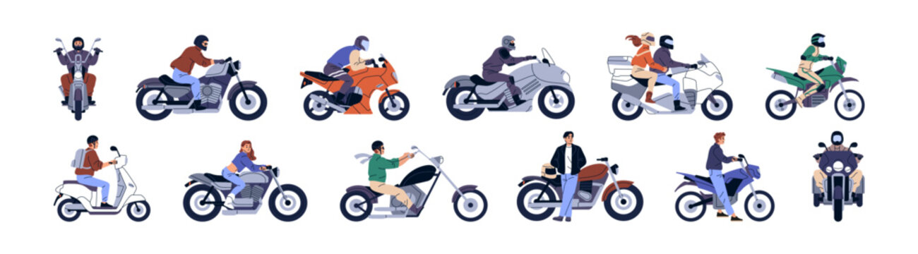 Set of motorcyclists are on different motorcycles. Bikers in helmets drive on motorbike: sports, adventure touring, enduro, scooter, naked, street bikes. Flat isolated vector illustrations on white