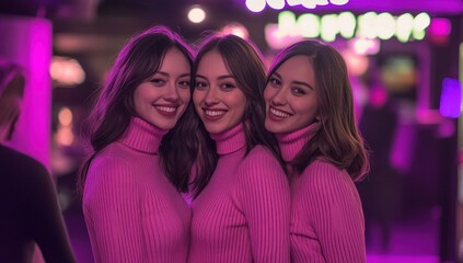 Three Identical Triplets in Pink Sweaters at Night