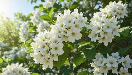 Cluster of delicate white bhringraj blossoms with green leaves on bright sunny day, sunny, sunlight, greenery, vibrant