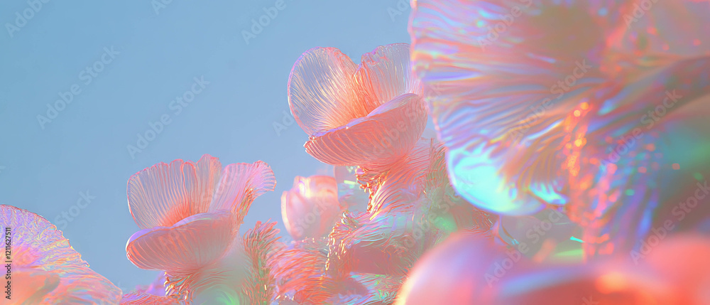 Aufkleber exploring dreamlike 3d flowers amidst abstract shapes and surreal compositions