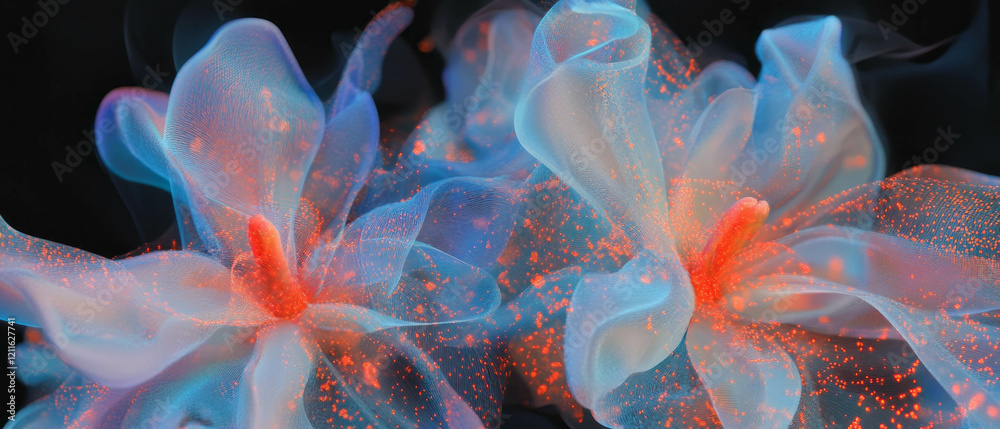 Poster abstract representation of interconnected 3d flowers with vibrant colors and intricate patterns