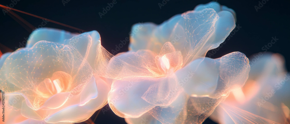 Aufkleber Abstract representation of 3D flowers intertwined with complex networks and patterns