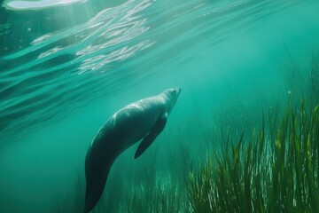 Obraz premium A dugong swimming gracefully in shallow turquoise waters off the coast of Queensland, surrounded by seagrass.