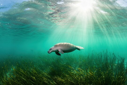 A dugong swimming gracefully in shallow turquoise waters off the coast of Queensland, surrounded by seagrass.