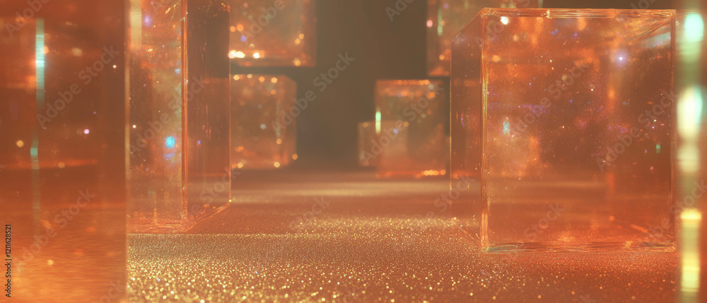 Poster vibrant 3d glass cubes reflecting light with golden glitter in an elegant abstract setting