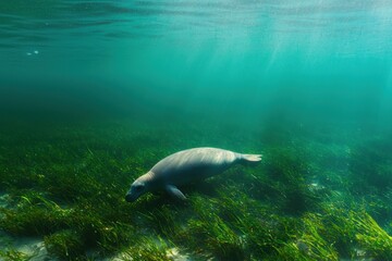 A dugong swimming gracefully in shallow turquoise waters off the coast of Queensland, surrounded by seagrass.