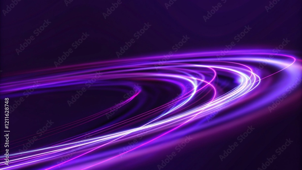 Aufkleber Abstract curved light lines in blue and purple colors on a dark background. Glowing neon effect with motion blur for futuristic technology, digital waves flowing in space with vibrant energy glow