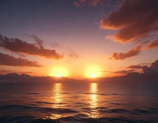 Fototapeta premium Peaceful twilight sky with orange sun sinking below the horizon, tranquil scene, fading light