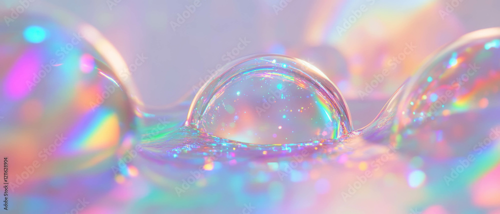 Poster exploring the mesmerizing effect of holographic spheres with iridescent glitter background