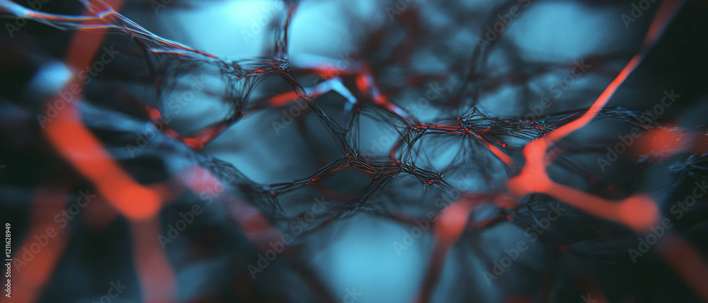 Aufkleber Interconnected nodes forming complex networks in a digital landscape with central space