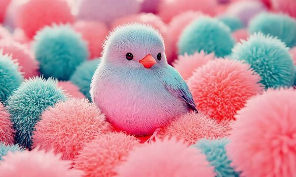 Charming bird nestled among vibrant fluffy pompons in pastel colors creating a whimsical and playful atmosphere in a soft textured environment filled with pink and blue hues