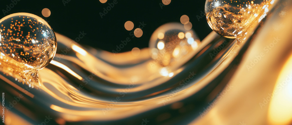 Poster 3d liquid metal spheres and glitter streams create a mysterious abstract background