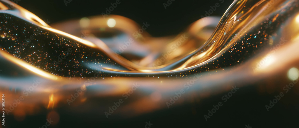 Poster abstract liquid metal spheres with flowing glitter streams on a dark background create mystery