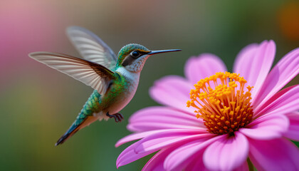 Fototapeta premium Hummingbird's Grace: Hovering Beauty Near a Vibrant Pink Zinnia