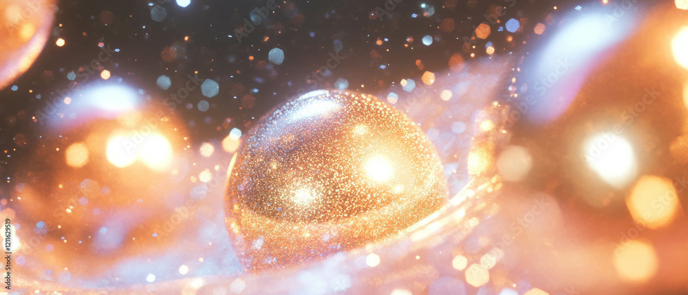 Poster dynamic energy radiates from 3d metallic spheres and vibrant glitter trails in abstract design