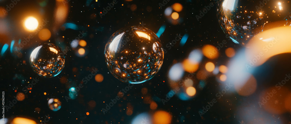 Poster dynamic abstract design featuring metallic spheres and vibrant glitter trails