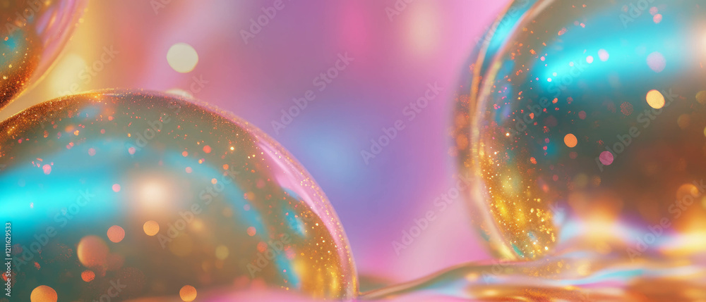 Poster vibrant abstract background featuring dynamic metallic spheres and glittering trails of energy