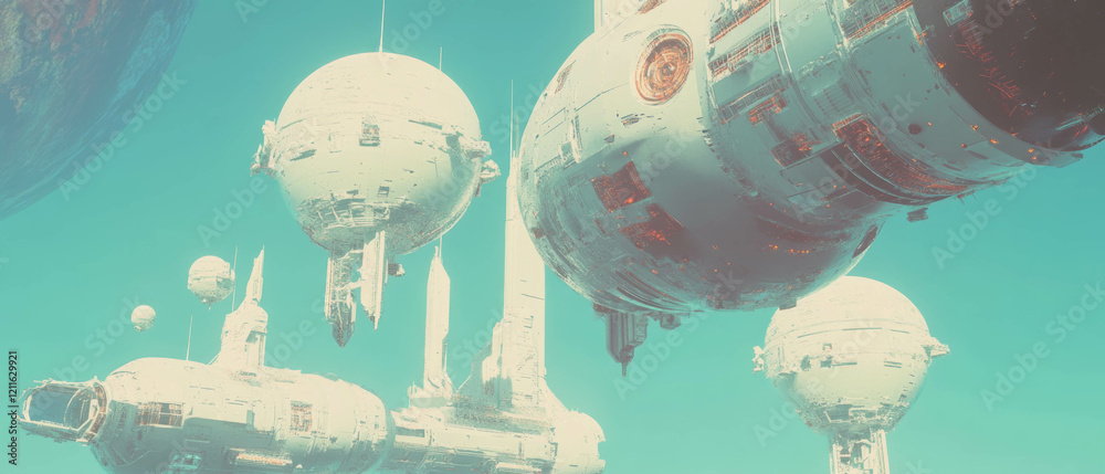 Poster visual representation of advanced space technology and futuristic stations depicting exploration