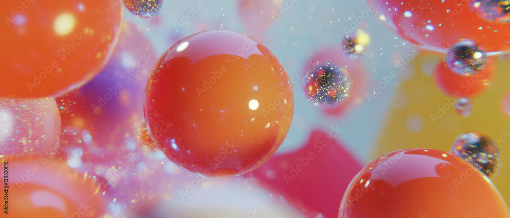 Poster vibrant abstract composition of rubber spheres and glittering particles in a playful arrangement